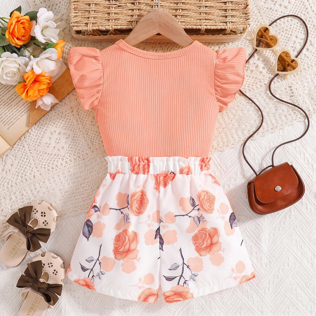Girls Peach Floral Print Flutter Sleeve Romper Playsuits