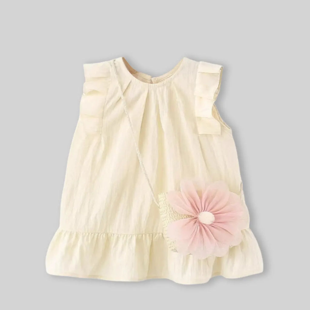 Girls Cream Sleeveless Summer A-line Dress With Sling Bag Casual Dresses