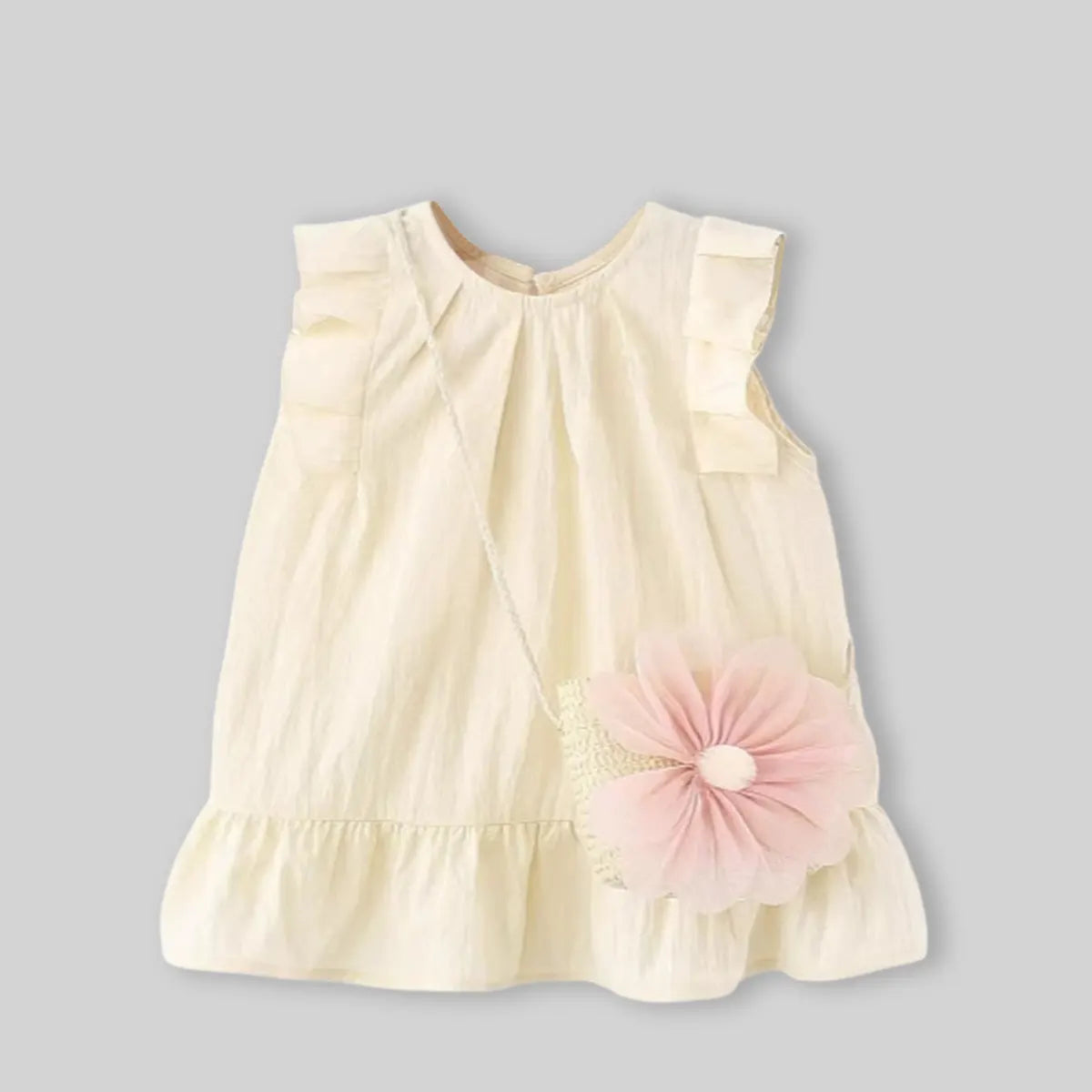 Girls Cream Sleeveless Summer A-line Dress With Sling Bag Casual Dresses