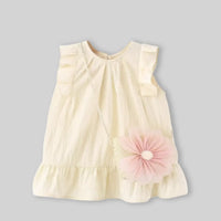Girls Cream Sleeveless Summer A-line Dress With Sling Bag Casual Dresses