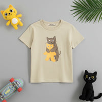 Boys Apricot Graphic Cat Printed Short Sleeves T-Shirt Tshirts Apricot 1-2 Y