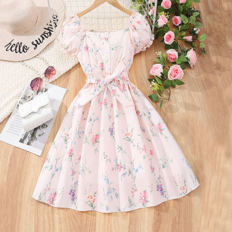 Girls Pink Floral Print Off-Shoulder Dress Casual Dresses Pink 7-8 Y