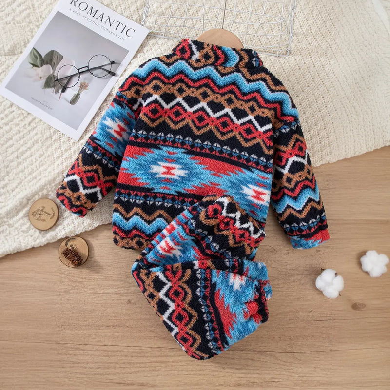 Boys Multi Color Self-Design Geometric Pattern Zipper Jacket With Jogger Co-ord Set 2 pc. Sets