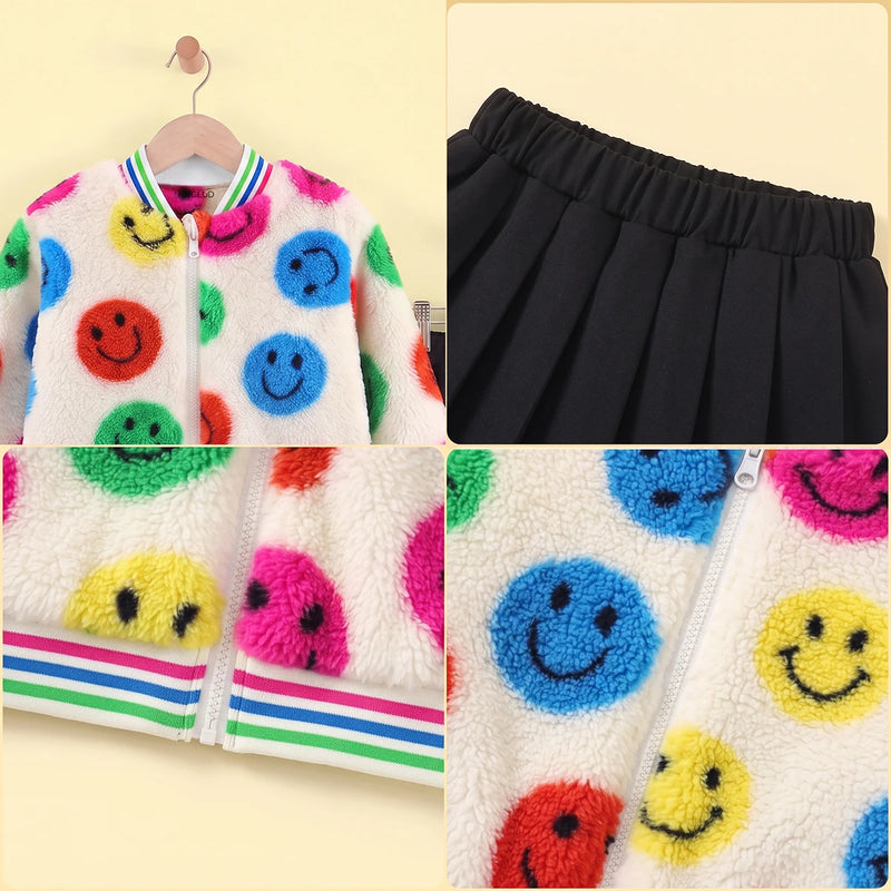 Girls Multicolour Smiley Print Long Sleeve Jacket With Skirt Sets 2 pc. Sets