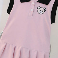 Girls Pink Bear Applique Sleeveless Drop Waist Dress Casual Dresses