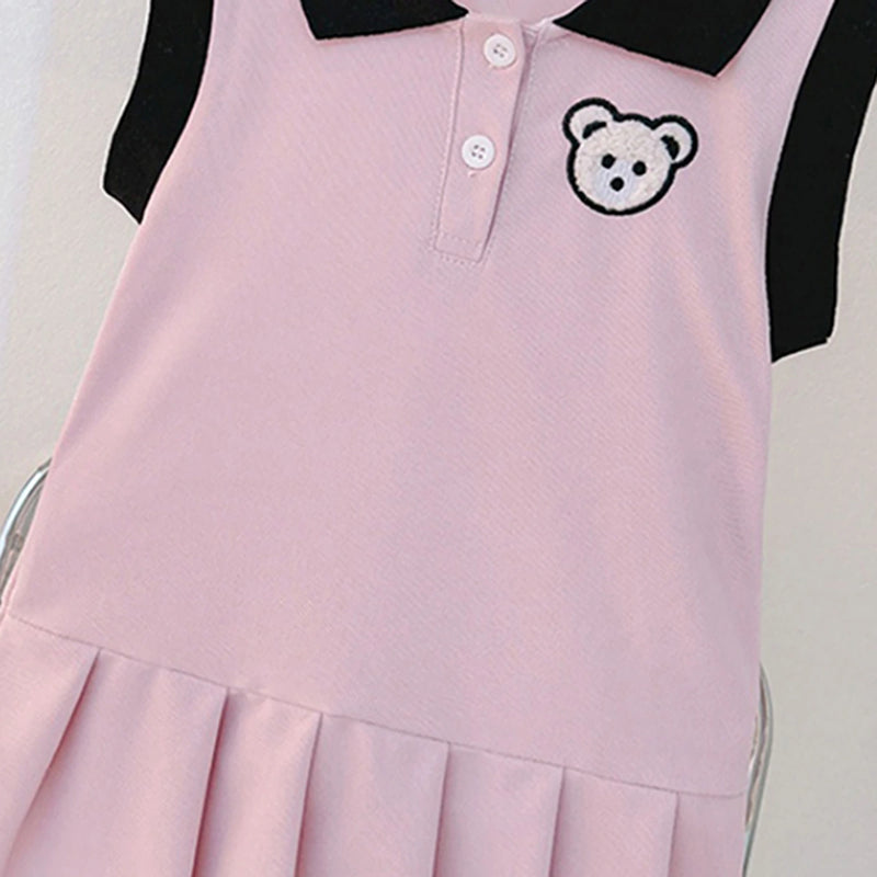 Girls Pink Bear Applique Sleeveless Drop Waist Dress Casual Dresses