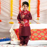 Boys Red Kurta with Floral Print Nehru Jacket & Pyjama Set