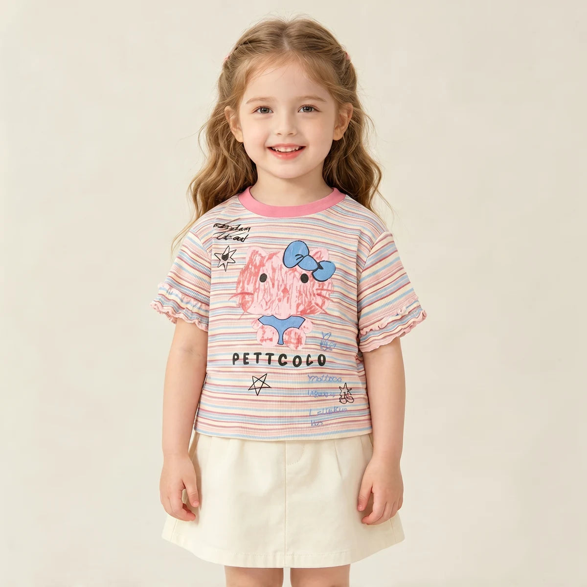 Girls Multicolor Cat Print Short Sleeve T-Shirt Tshirts
