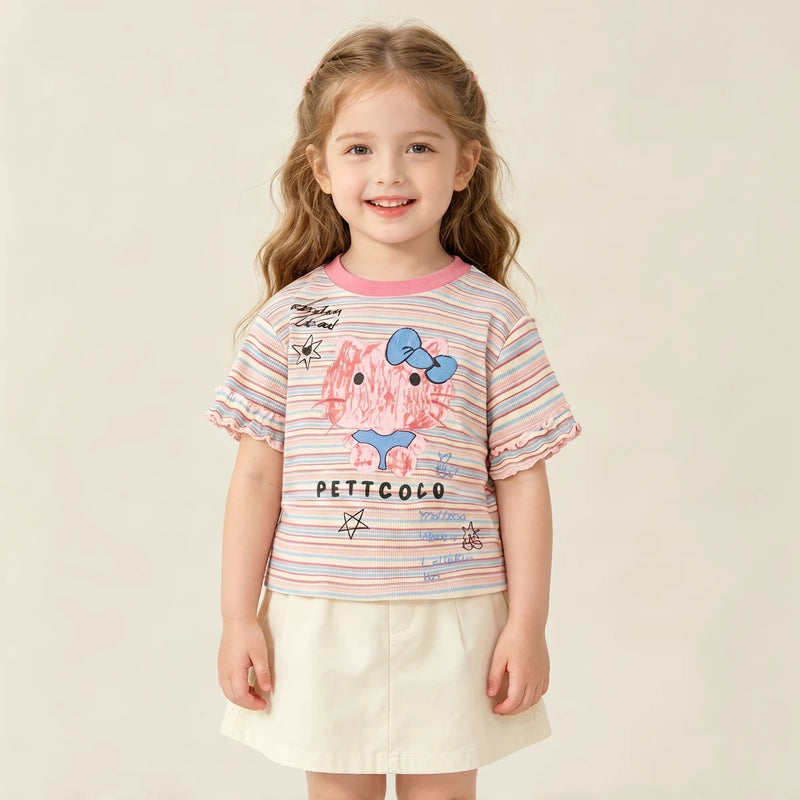 Girls Multicolor Cat Print Short Sleeve T-Shirt Tshirts