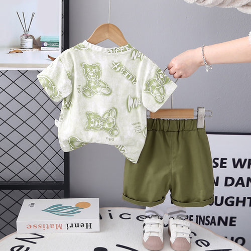 Boys Bear Printed Short Sleeves T-Shirt With Green Shorts Set 2 pc. Sets