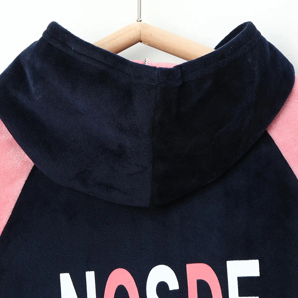 Girls Navy Blue Typographic Printed Hooded Zipper Jacket With Jogger Sets Sets