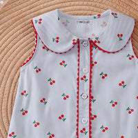 Girls Light Blue Cherry Print Peter Pan Collar Dress Casual Dresses