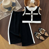 Girls Black Color-blocked Sleeveless Top With Elasticated Wide-Leg Pants Sets