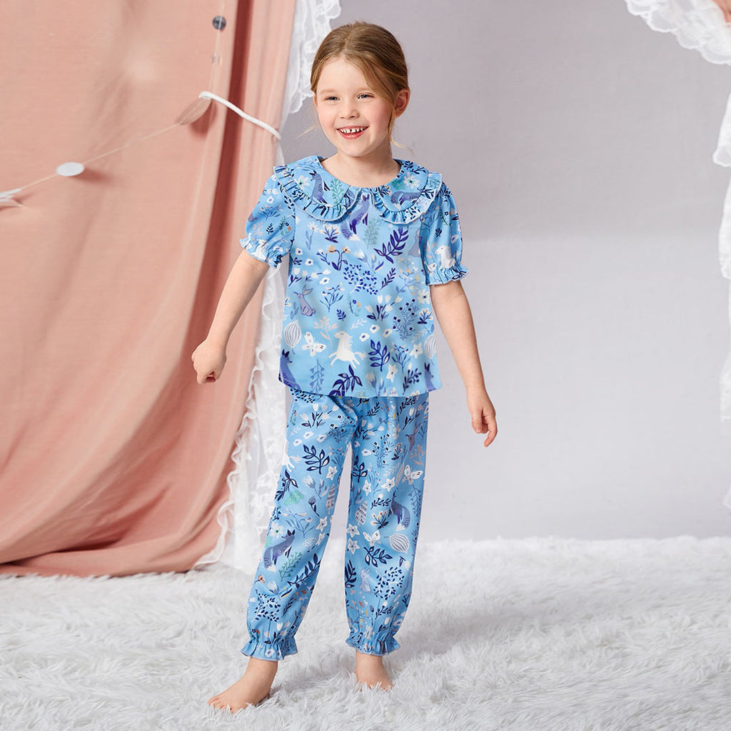 Girls Blue Tropical Printed Peter Pan Collar Top with Pajamas Nightsuit Set Sleepwear Sets Blue 3-4 Y