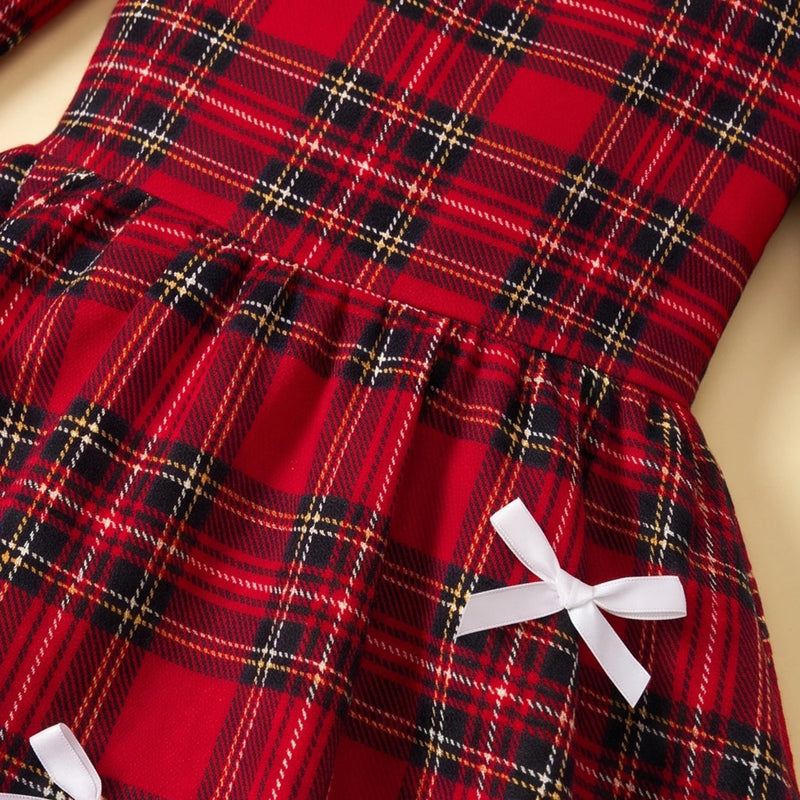 Girls Red Checked Long Sleeve Balloon Dress Casual Dresses