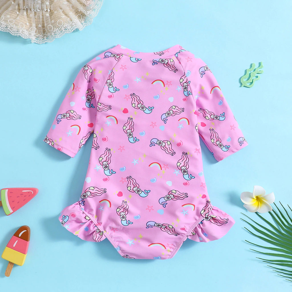 Girls Pink Mermaid Printed Half Zipper Swimwear Bodysuit Beachwear