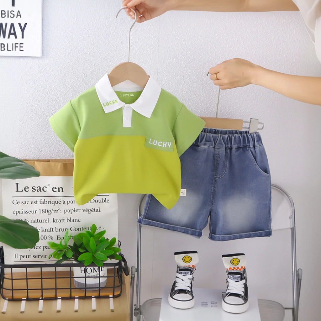 Boys Green Embroidered Short Sleeves Polo T-Shirt With Denim Shorts Set Sets Green 1-2 Y