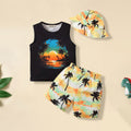 Boys Black Graphic Printed sleeveless Vest With Hat And Shorts Set Sets