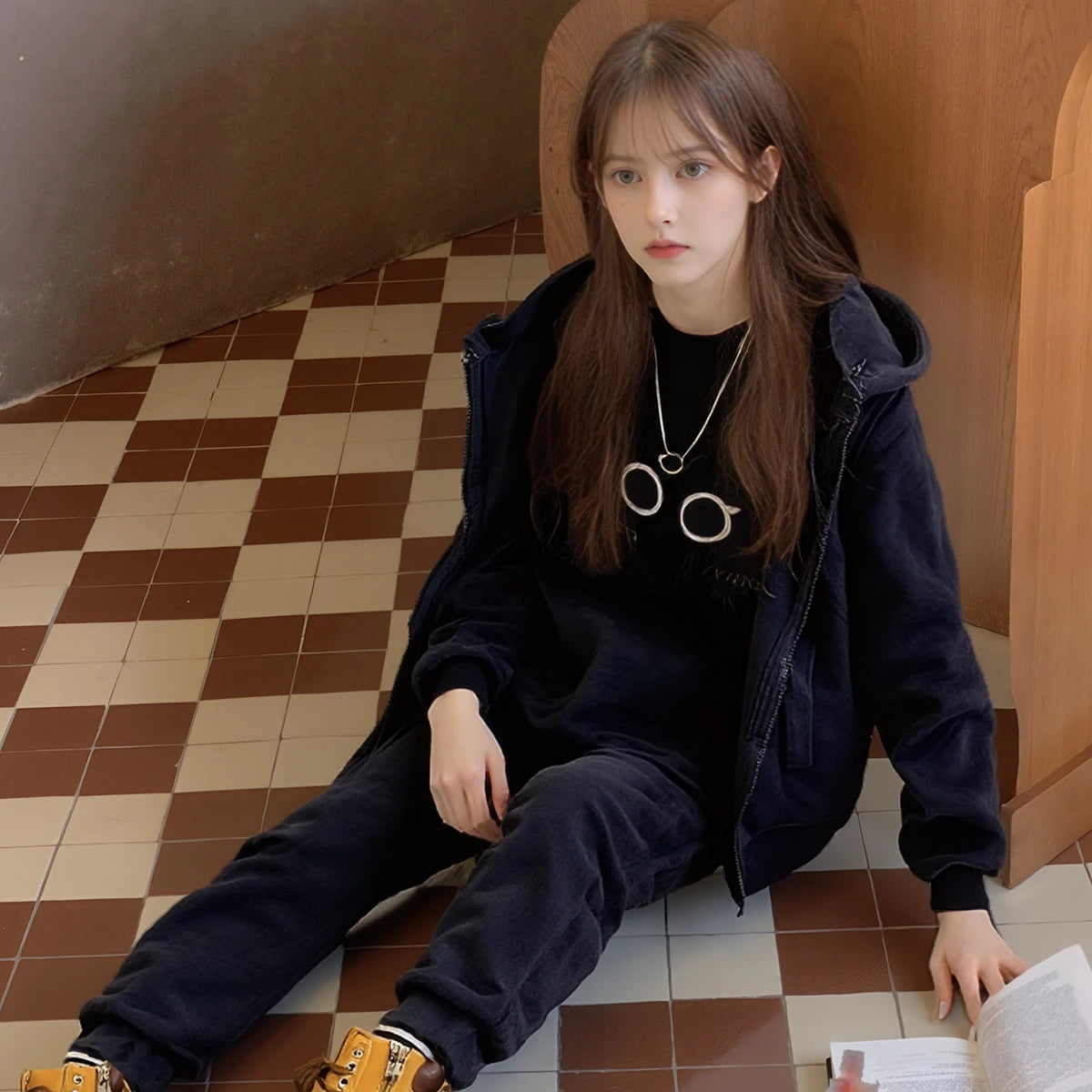 Girls Black Typographic Printed Sweatshirt With Sleeveless Hooded Jacket & Jogger Sets 4 pc. Sets