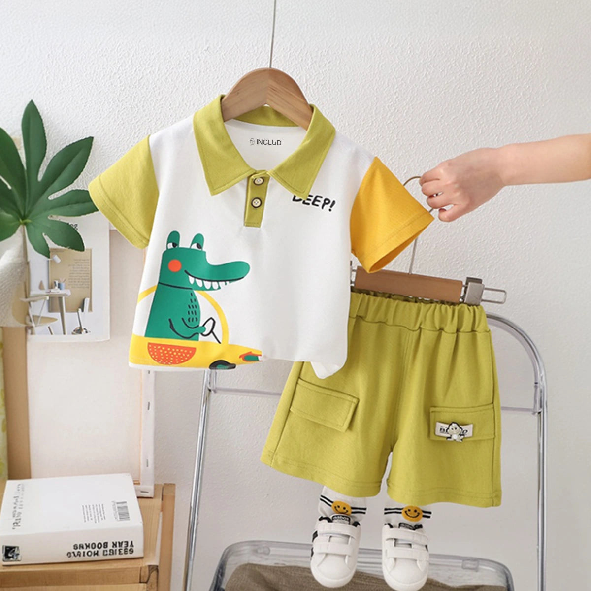 Boys Lime Green Crocodile Graphic Short Sleeve Polo Shirt With Shorts Sets 2 pc. Sets Lime Green 1-2 Y