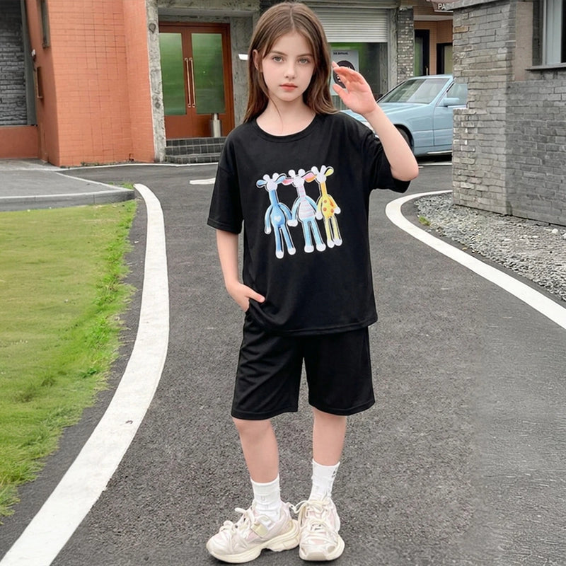 Girls Black Animal Graphic Short Sleeve T-shirts With Elasticated Shorts Sets Sets Black 5-6 Y