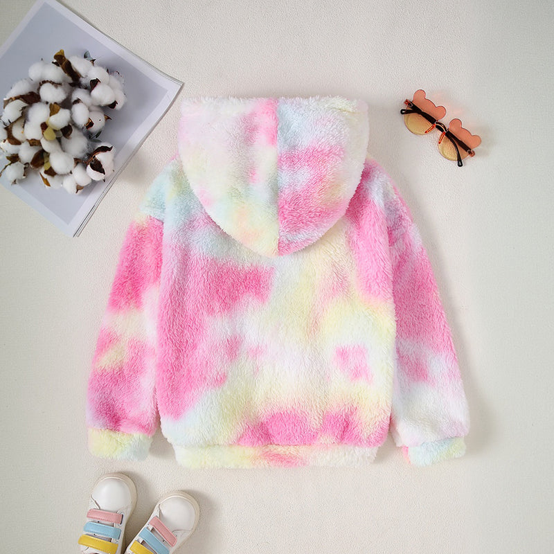 Girls Light Pink Tie Dye Printed Hooded Neck Pullover Winter Sweatshirt Sweatshirts & Hoodies