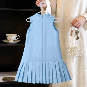 Girls Blue Sleeveless Floral Applique A-line Dress Casual Dresses