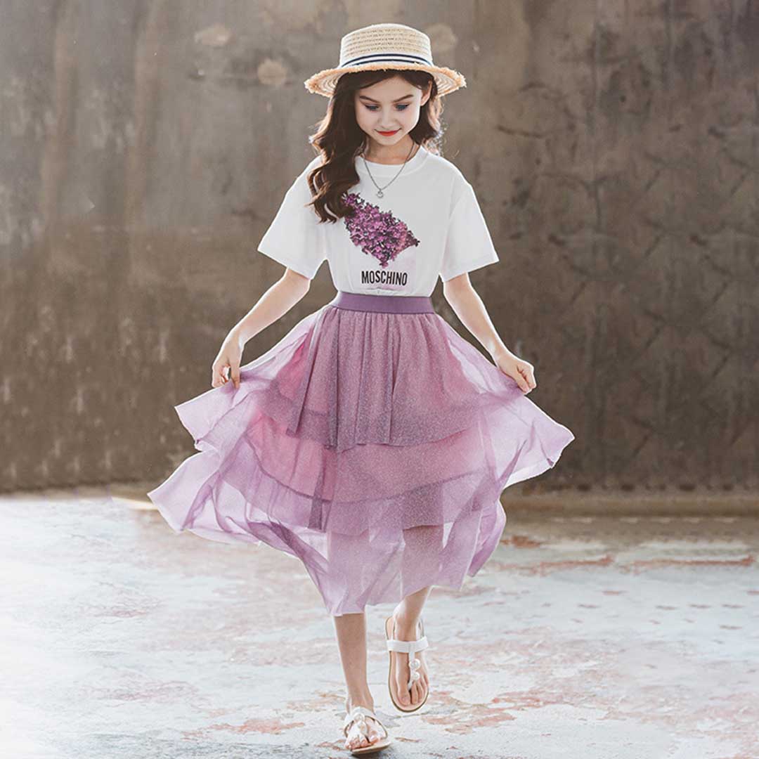 Girls Short Sleeve Graphic Print T-Shirt With Long Skirt Set 2 pc. Sets   