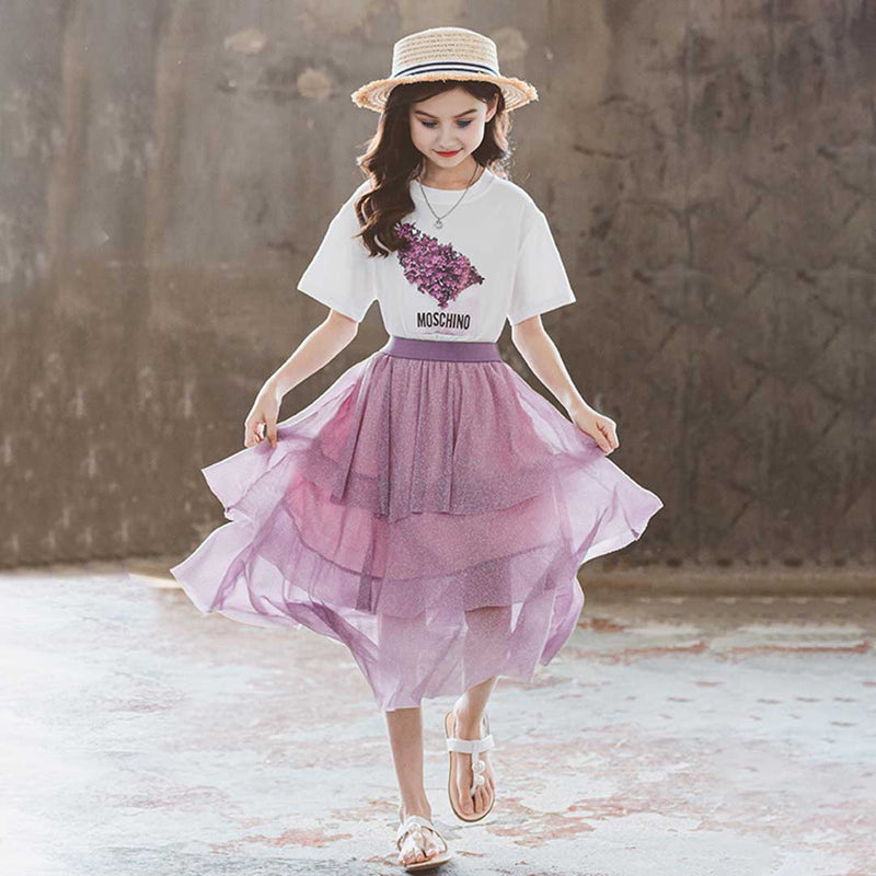 Girls Short Sleeve Graphic Print T-Shirt With Long Skirt Set 2 pc. Sets   