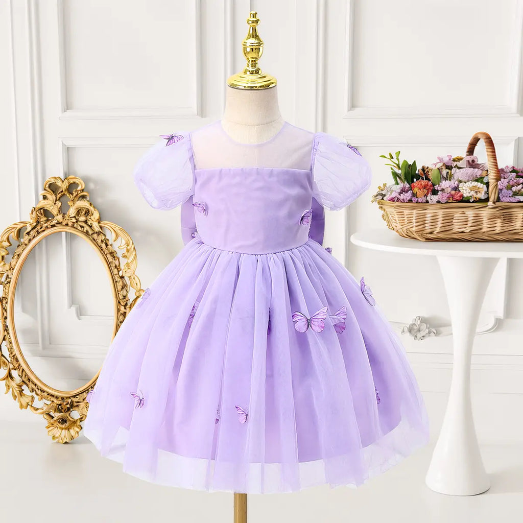 Girls Purple Butterfly Applique Tulle Overlay Fit & Flare Party Dress With Puff Sleeves Party Dresses Purple 3-4 Y