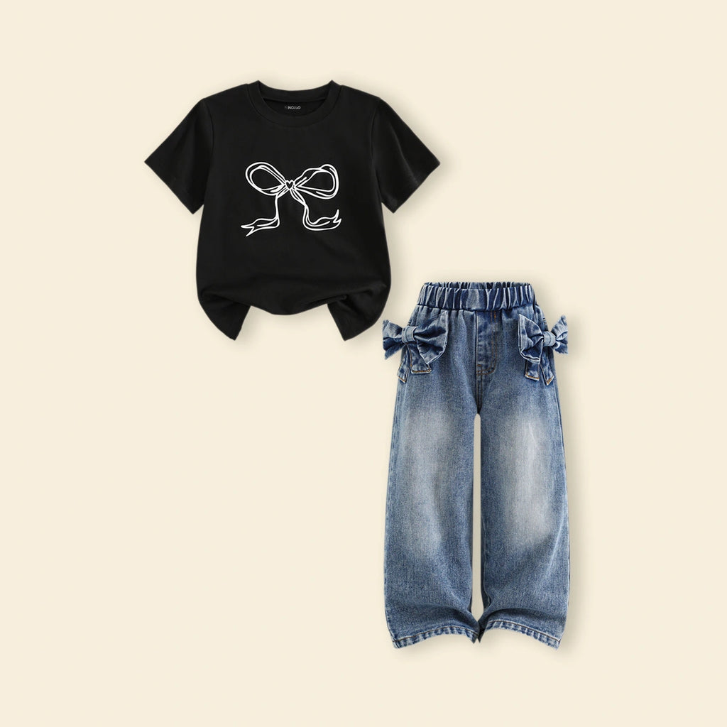Girls Black Bow Print Short Sleeves T-Shirt With Denim Wide-Leg Pants Set Sets