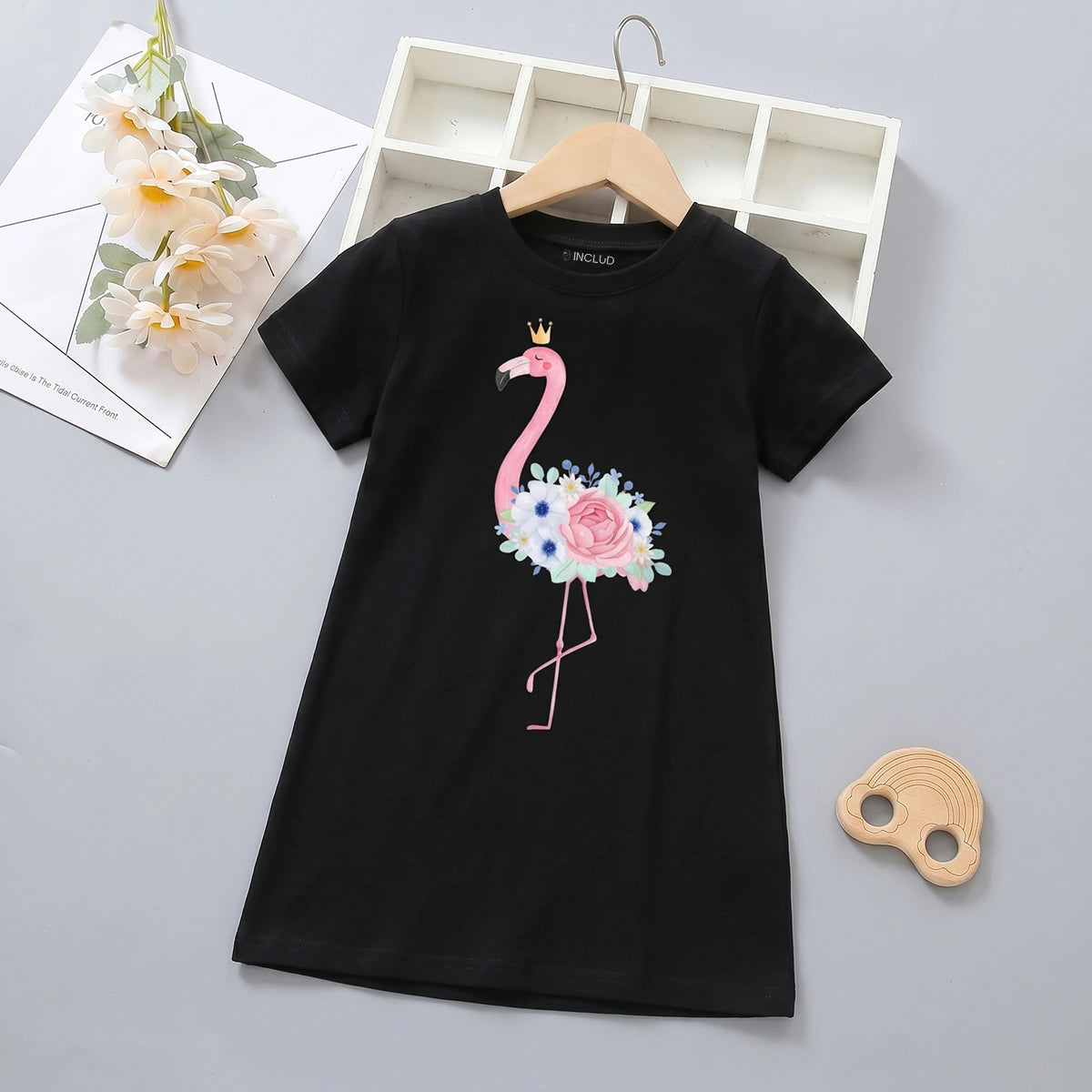 Girls Black Flamingo Print Short Sleeve T-Shirt Dress Casual Dresses Black 4-5 Y