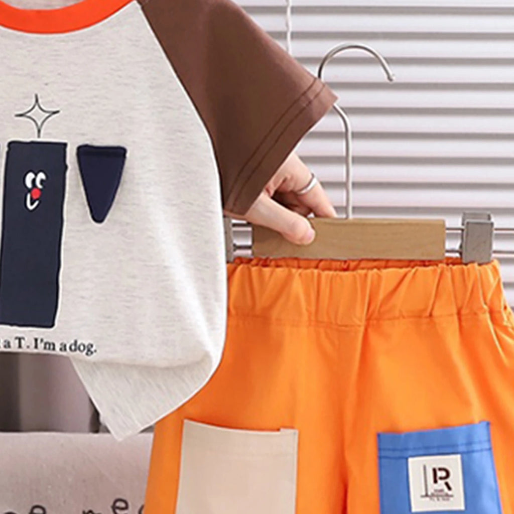 Boys Brown Dog Applique Raglan Sleeve T-Shirt With Double Pockets Shorts Sets Sets