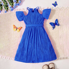 Girls Royal Blue Wave Textured Cold-Shoulder Casual Dress Casual Dresses