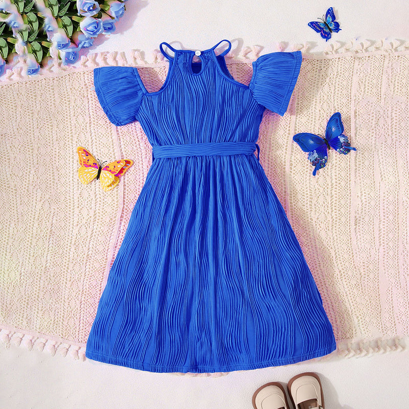Girls Royal Blue Wave Textured Cold-Shoulder Casual Dress Casual Dresses