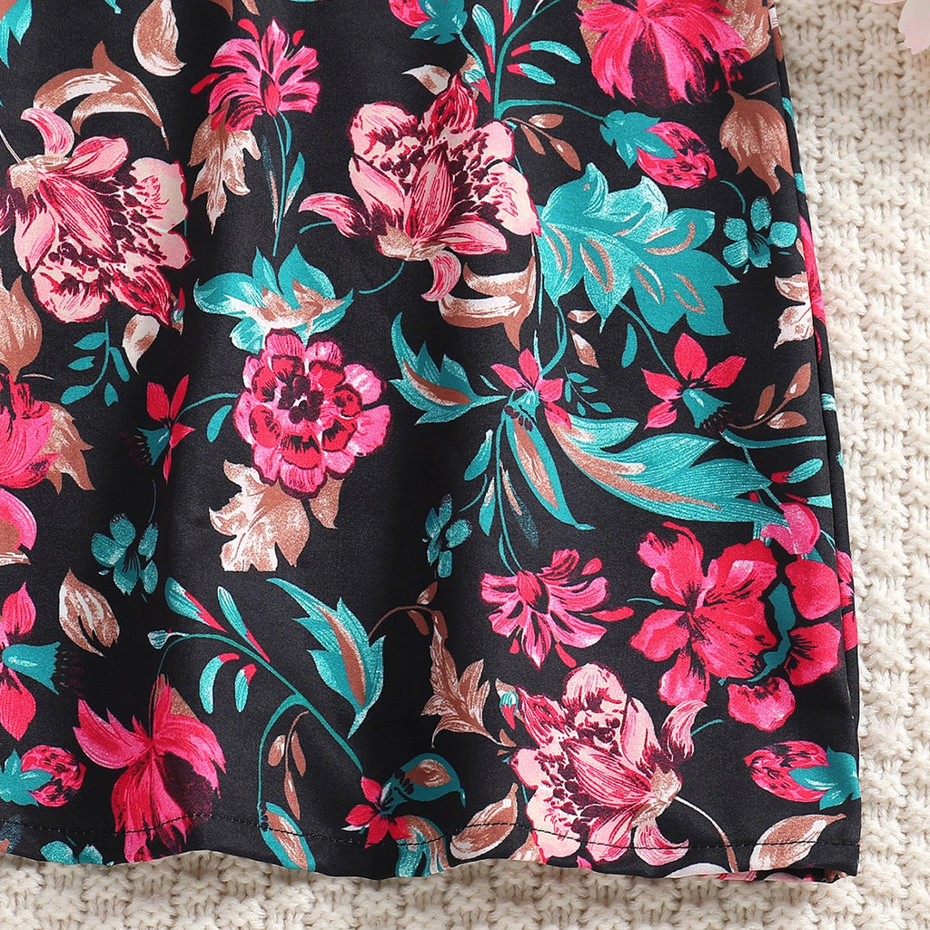 Girls Black Floral Print Flutter Sleeve A-Line Dress Casual Dresses