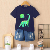 Boys Navy Blue Dinosaur Graphic Short Sleeves Round Neck T-Shirt Tshirts Navy Blue 3-4 Y