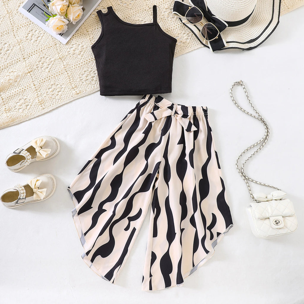 Girls Black Assymetric Neck Crop Top With Abstract Print Pant Sets Sets Black 3-4 Y