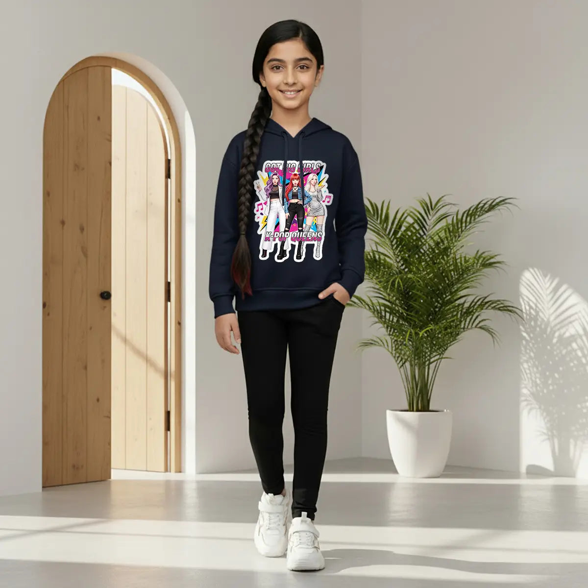 Girls Navy Blue K-Pop Queens Graphics Hoodie Sweatshirts & Hoodies Navy Blue 1-2 Y