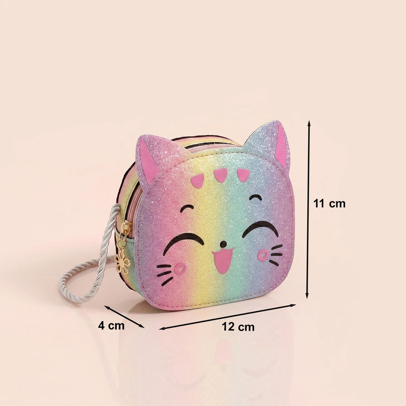 Girls Multicolor Cat Motif Glitter Print Sling Bag Sling Bags