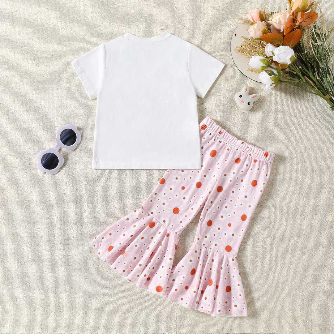 Girls Short Sleeve Floral Print T-Shirt With Printed Pants Set Sets   