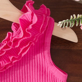 Girls Fuchsia One Shoulder Ruffled Top With DIstressed Denim Shorts Sets