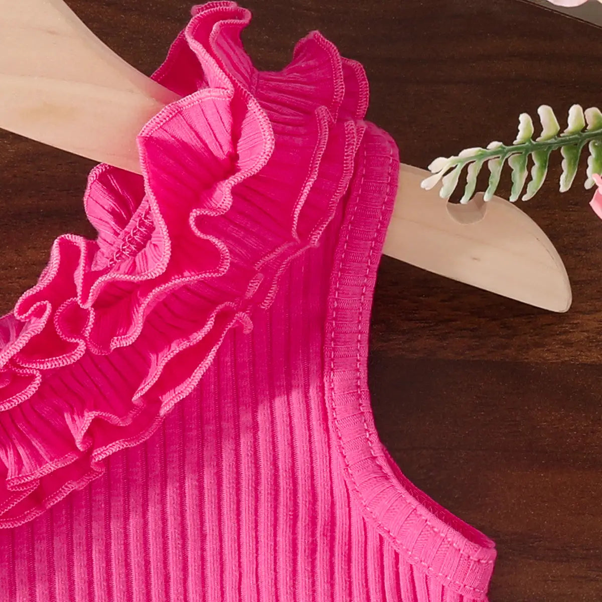 Girls Fuchsia One Shoulder Ruffled Top With DIstressed Denim Shorts Sets