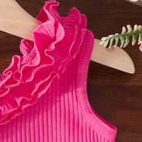 Girls Fuchsia One Shoulder Ruffled Top With DIstressed Denim Shorts Sets