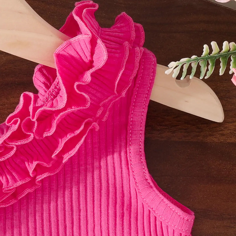 Girls Fuchsia One Shoulder Ruffled Top With DIstressed Denim Shorts Sets