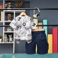 Boys White Alphanumeric Printed T-Shirt With Denim Shorts Sets 2 pc. Sets