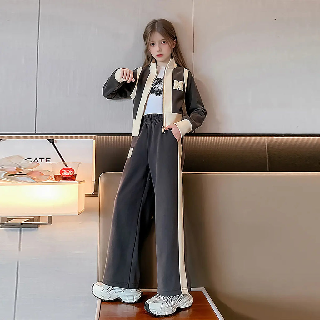 Girls Dark Grey Color-blocked Zipper Jacket With Wide Leg Pants Set Sets