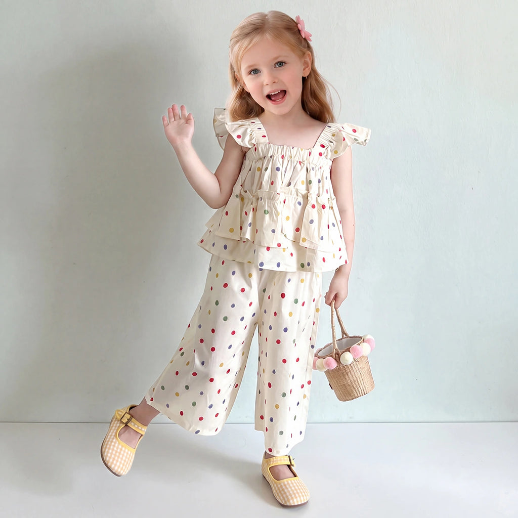 Girls Cream Polka Dot Print Flutter Sleeve Top With Pants Sets 2 pc. Sets Cream 1-2 Y