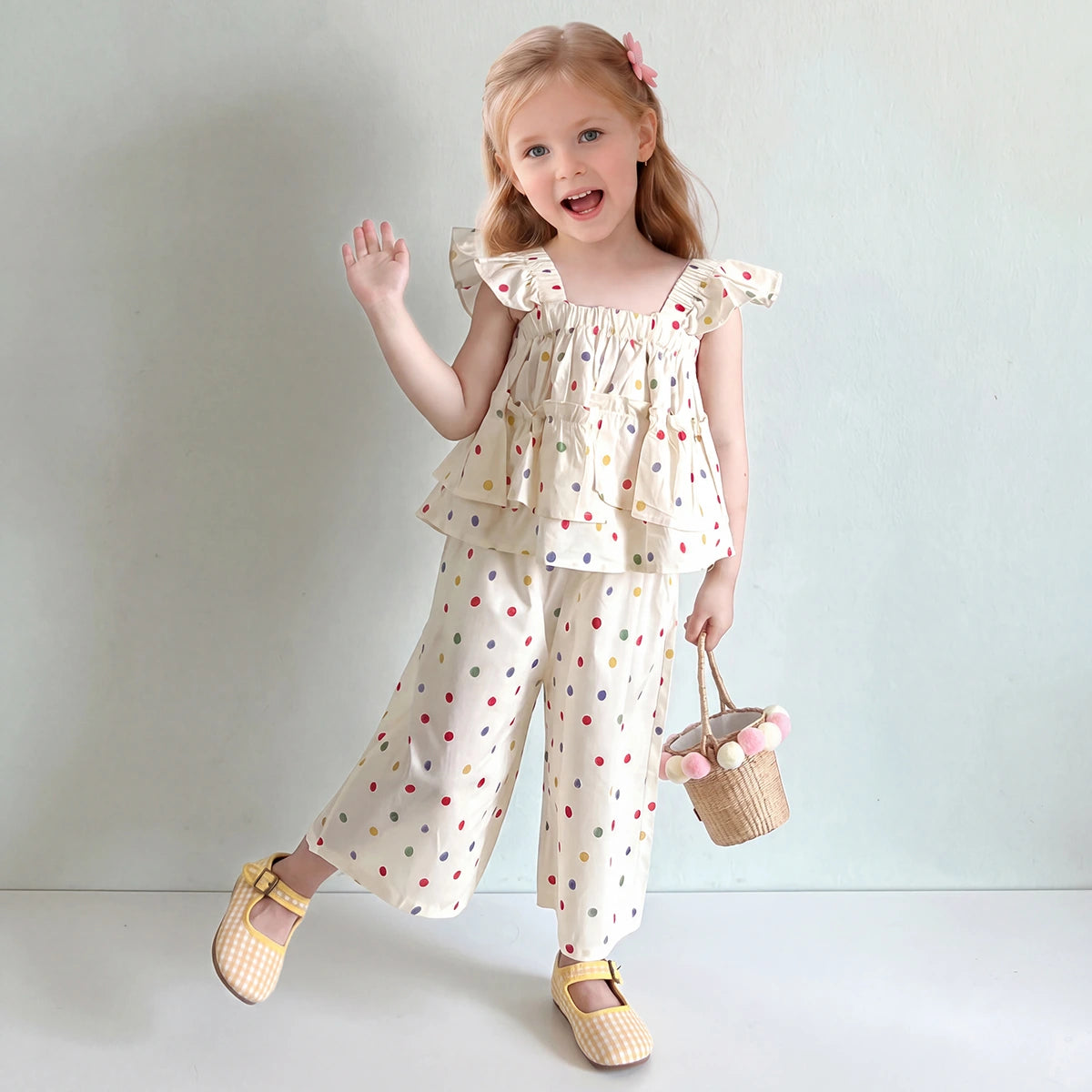 Girls Cream Polka Dot Print Flutter Sleeve Top With Pants Sets 2 pc. Sets Cream 1-2 Y