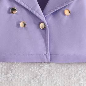Girls Purple Solid Blazer Shrug With Butterfly Applique Tulle Overlay Fit And Flared Dress Casual Dresses